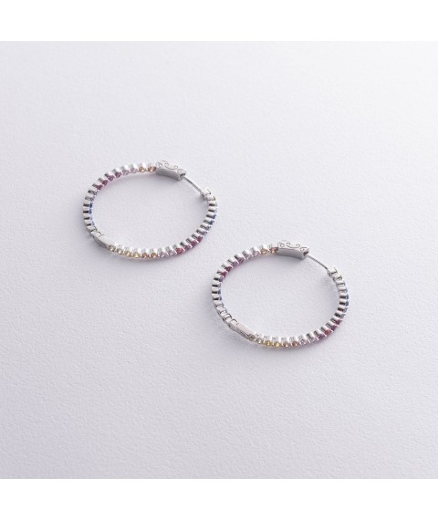 Срібні сережки - кільця з різнокольоровими фіанітами 123304 Онікс