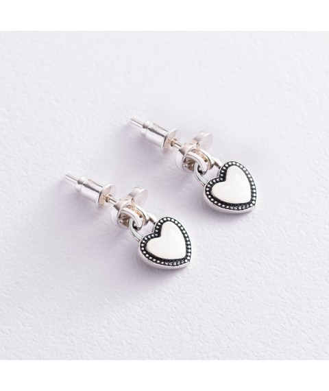 Silver earrings - studs "Lock - heart" 123046 Onyx