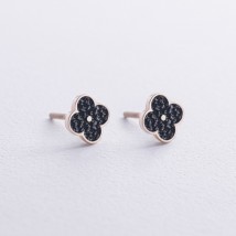 Gold earrings - studs "Clover" with black cubic zirconia s07938 Onyx