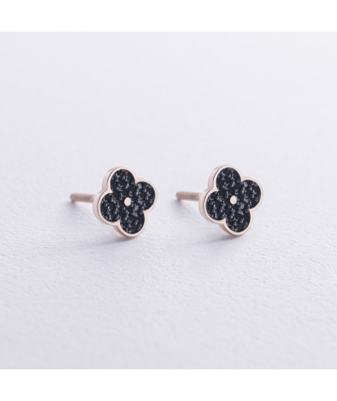 Gold earrings - studs "Clover" with black cubic zirconia s07938 Onyx