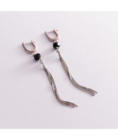Silver dangling earrings with black stones 123154 Onyx