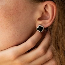 Silver earrings - studs "Clover" (onyx, cubic zirconia) 158/1о Onyx