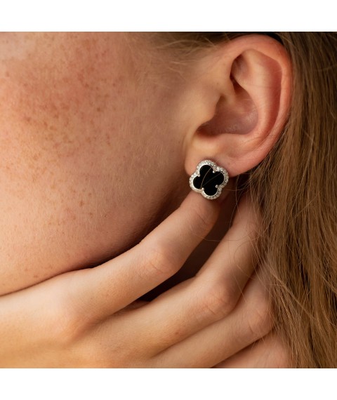 Silver earrings - studs "Clover" (onyx, cubic zirconia) 158/1о Onyx