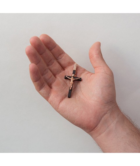 Мужской православный крест из эбенового дерева и золота п03677 Онікс