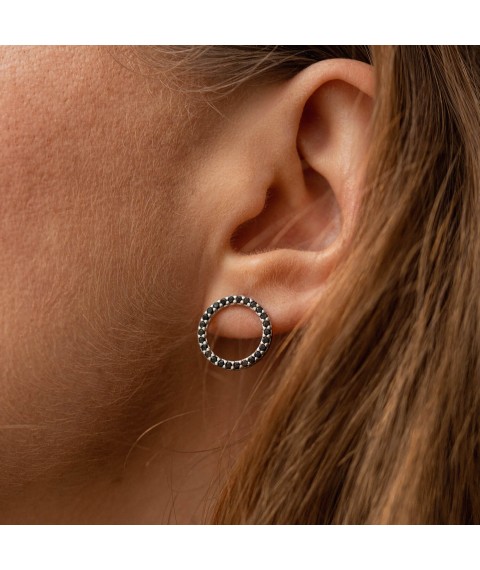 Silver earrings - studs "Cycle" (black cubic zirconia) 064510 Onyx