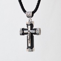 Мужской православный крест на шнуре из эбенового дерева и серебра 181183 Онікс  65