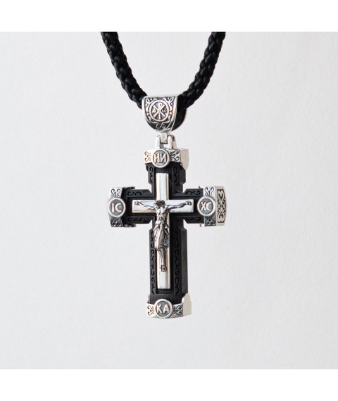 Мужской православный крест на шнуре из эбенового дерева и серебра 181183 Онікс  65