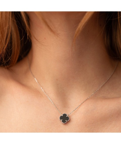 White gold necklace "Clover" (onyx) col01666 Onyx