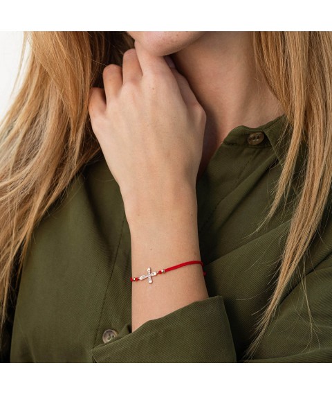 Gold bracelet "Cross" with red thread (cubic zirconia) b05139 Onyx