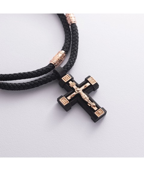 Men's Orthodox cross "Crucifixion. Save and Preserve" on a cord made of ebony and gold, count02245 Onyx 60
