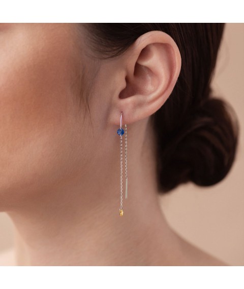 Gold earrings - broaches "Ukrainian" (blue and yellow cubic zirconia) s08390 Onyx