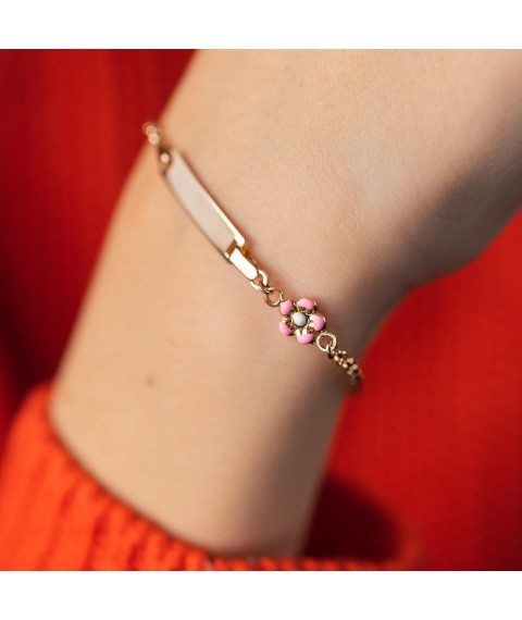 Gold children's bracelet "Flower and Heart" with enamel b04579 Onix 15