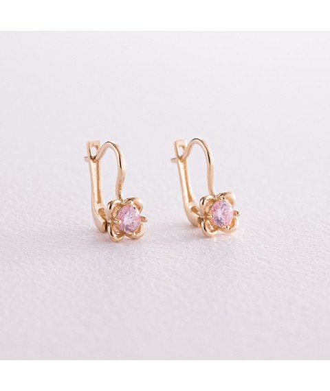 Children's gold earrings "Flowers" (pink cubic zirconia) s08064r Onyx