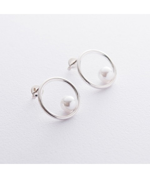 Silver stud earrings "Cycle" with pearls 122551 Onyx