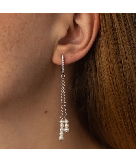 Silver earrings with pearls and cubic zirconia 2336/1р-PWT Onyx