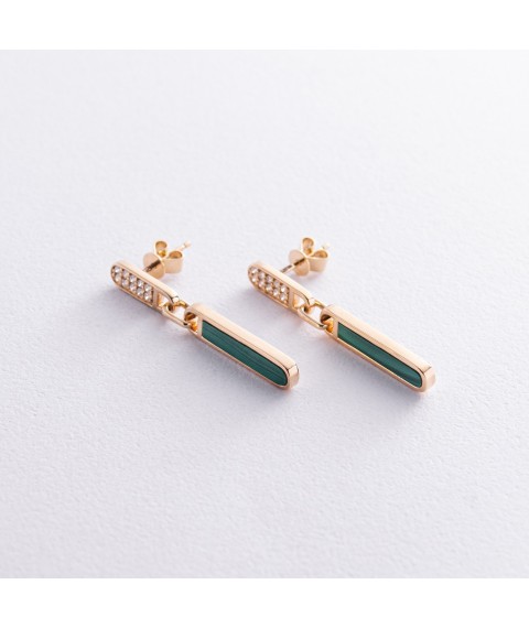 Gold earrings - studs with diamonds and malachite sb0472sc Onyx