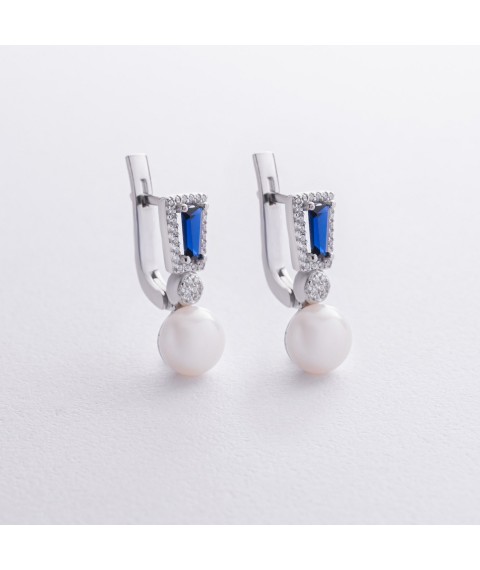 Срібні сережки з перлами, гідротерм. сапфірами та фіанітами 2488/1р-PWTNS Онікс