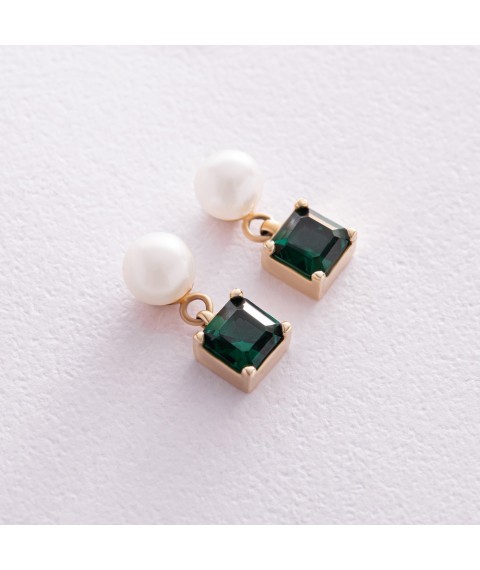 Gold earrings - studs "Alma" (green cubic zirconia, pearls) s08258 Onyx