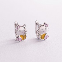 Детские серебряные серьги "Hello Kitty" (эмаль) 123178 Онікс