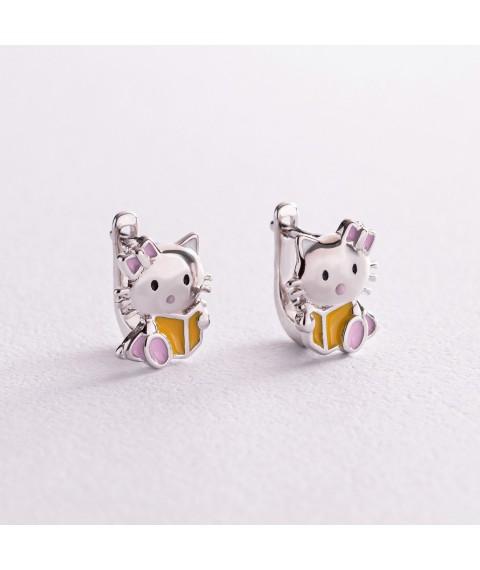 Children's silver earrings "Hello Kitty" (enamel) 123178 Onyx