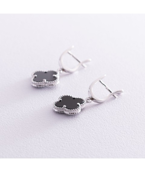 Silver earrings "Clover" (onyx) 122809 Onyx