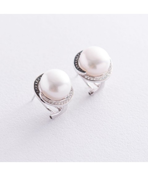 Gold earrings (pearls, diamonds) E25986C Onyx