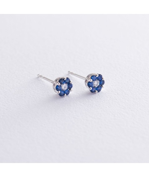 Gold stud earrings "Flower" with diamonds and sapphires sb0096lg Onyx
