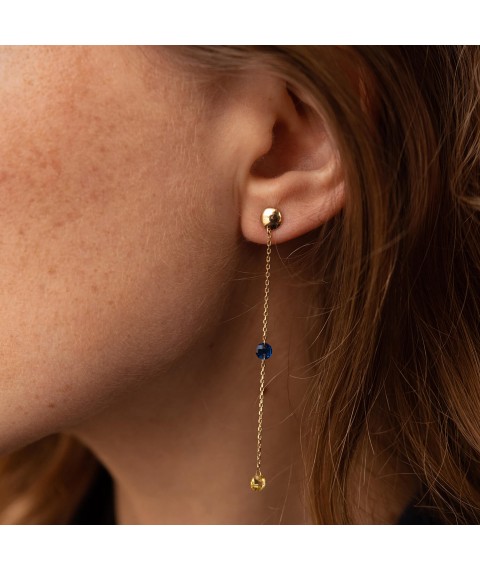 Dangling gold earrings - studs "Ukrainian" (blue and yellow cubic zirconia) s08104 Onyx