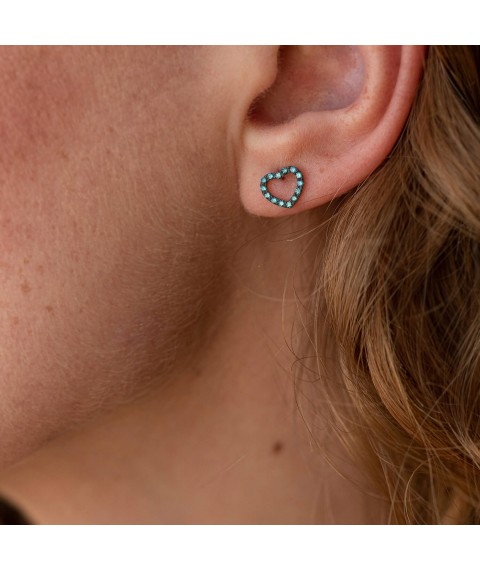 Gold earrings - studs "Hearts" with blue and yellow diamonds 327111121 Onyx