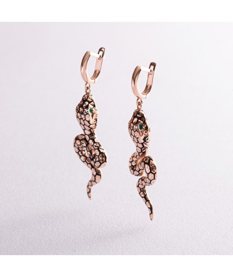 Gold earrings "Snakes" (enamel, cubic zirconia) s07714 Onyx