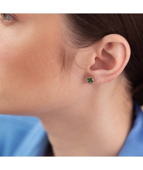 Earrings - studs "Clover" with malachite mini (yellow gold) s08407 Onyx