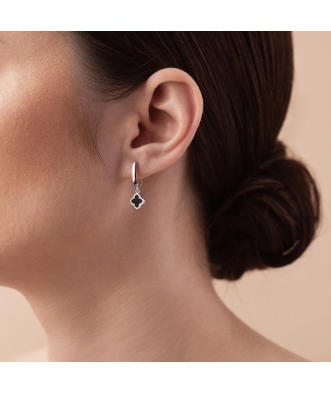 Earrings "Clover" in white gold (enamel) s07535 Onix