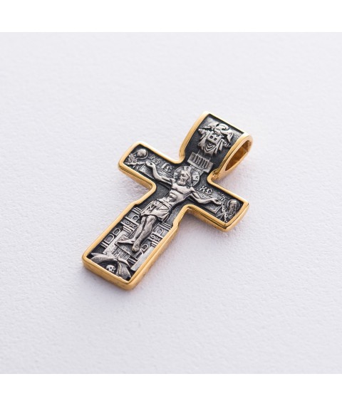 Silver cross "The Crucifixion of Christ. St. Nicholas the Wonderworker. Three Saints. Orthodox Cross" 132889 Onyx