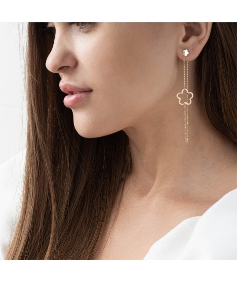 Gold earrings - studs on a chain "Flowers" s05953 Onyx
