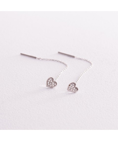Earrings - broaches "Hearts" in white gold (cubic zirconia) s08084 Onix