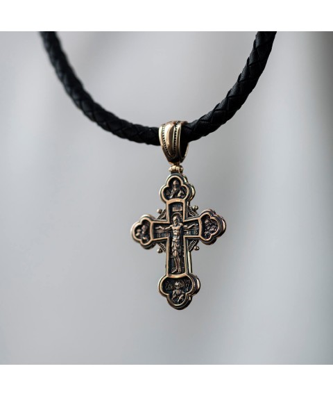 Orthodox gold cross "Crucifixion of Christ, Alexander Nevsky, Demetrius Donskoy, Sergius of Radonezh. Archangel Michael" p02683 Onyx