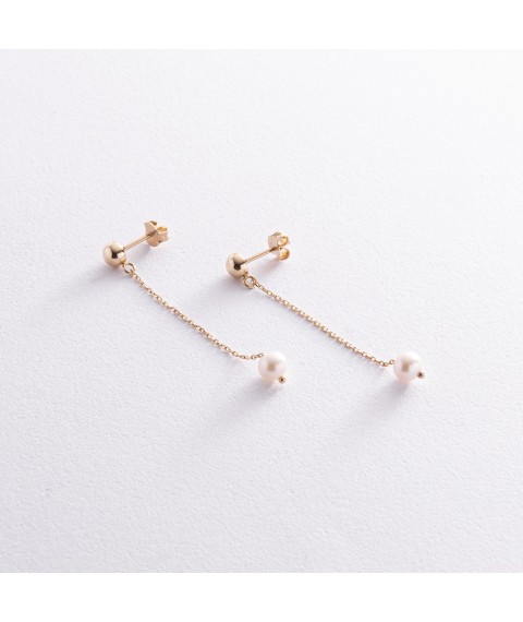 Earrings - studs "Pearl on a chain" in yellow gold s08360 Onyx