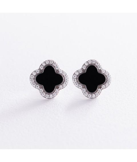 Silver earrings - studs "Clover" (enamel, cubic zirconia) 065210 Onyx