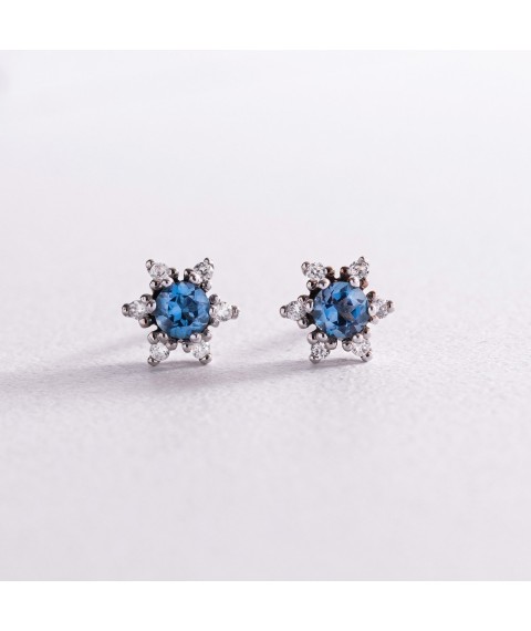 Gold earrings - studs (topaz "London blue", cubic zirconia) s01925 Onyx