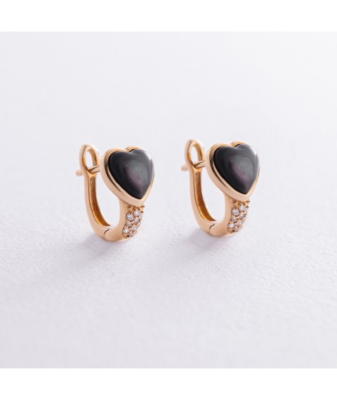 Gold earrings "Hearts" with diamonds and mother of pearl sb0471sc Onyx