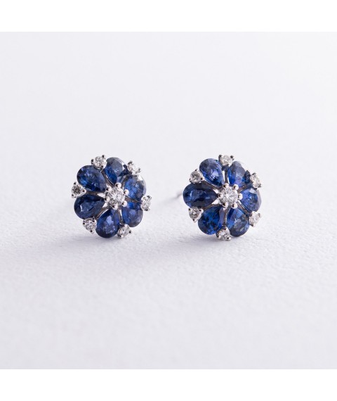 Gold earrings - studs "Flowers" with diamonds and sapphires sb0473gm Onyx