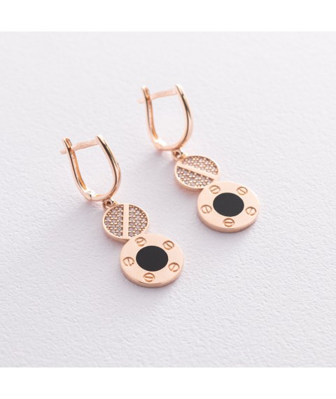 Gold earrings with cubic zirconia and enamel s07359 Onyx