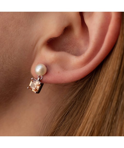 Gold earrings - studs "Alma" (orange cubic zirconia, pearls) s08249 Onyx