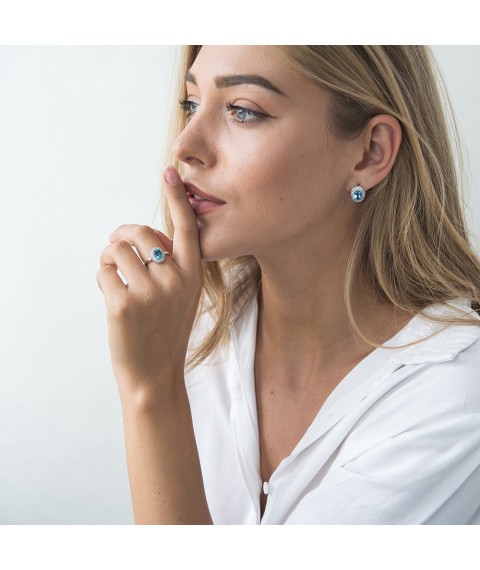 Gold earrings with blue topaz and cubic zirconia s04201 Onyx