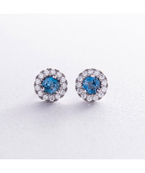 Silver earrings - studs with London Blue topaz and cubic zirconia 2112/9р-TLB Onix