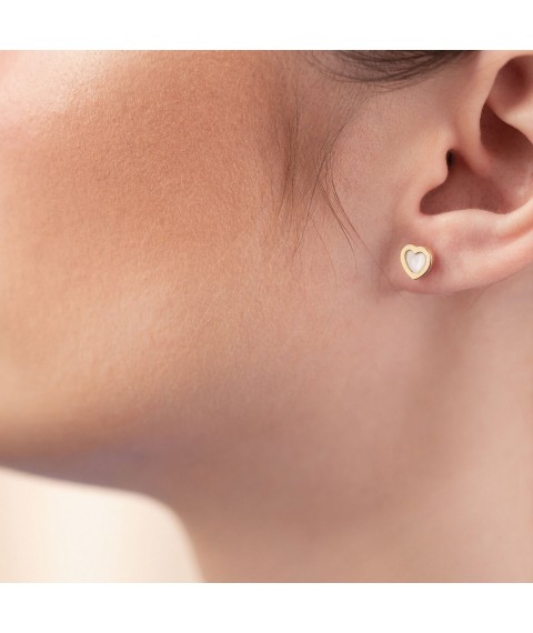 Gold earrings - studs "Hearts" with mother-of-pearl s08392 Onyx