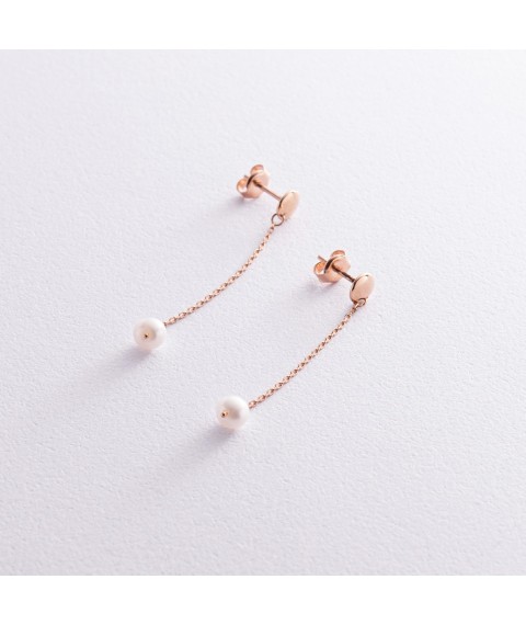 Earrings - studs "Pearl on a chain" in red gold s08292 Onyx