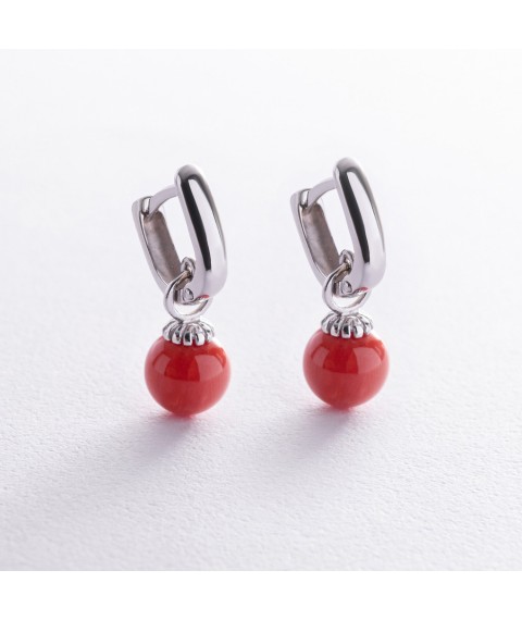 Earrings with coral (white gold) s08580 Onyx