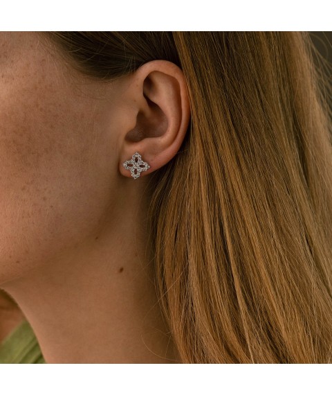 Gold earrings - studs "Clover" (diamonds) sb0487m Onix