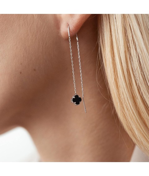 Silver earrings - broaches "Clover" with onyx 123173 Onyx